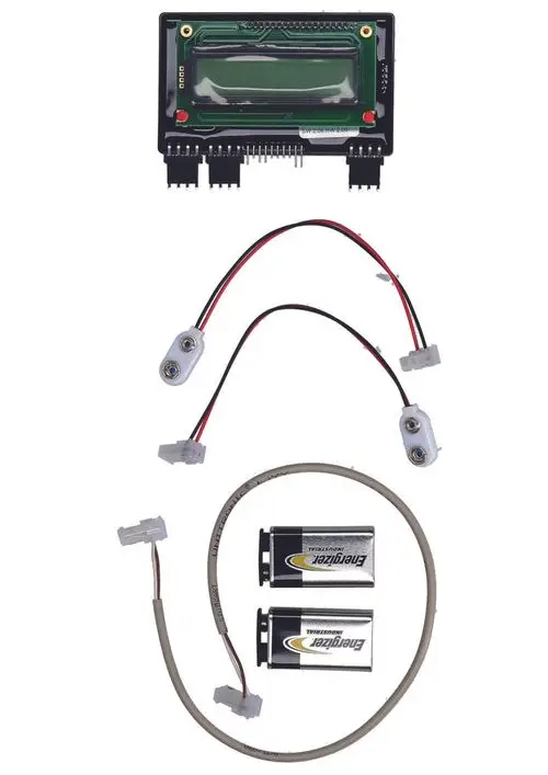 Judo Ersatzteilset bestehend aus einem Anzeigemodul, zwei Batteriehaltern, Kabeln und angeschlossenen Batterien, geeignet für den Notstrombetrieb.